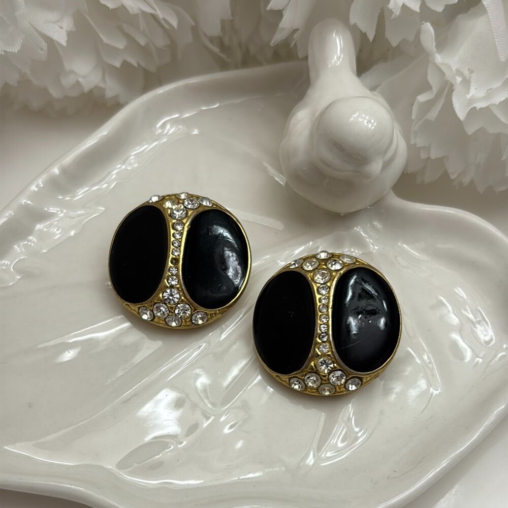 DICK & CO. BLACK ENAMEL & RHINESTONE CLIP EARRINGS